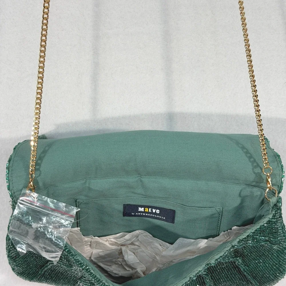 Maeve‎ Anthropologie Green Beaded Bow Clutch Chain Strap NWOT